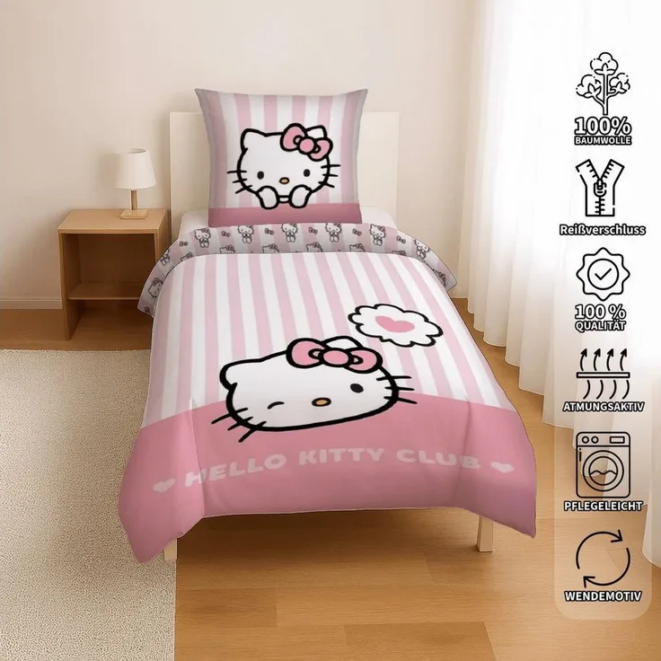 Hello Kitty Bettbezug Set Baumwolle 135x200 cm + Kissen 80x80 cm