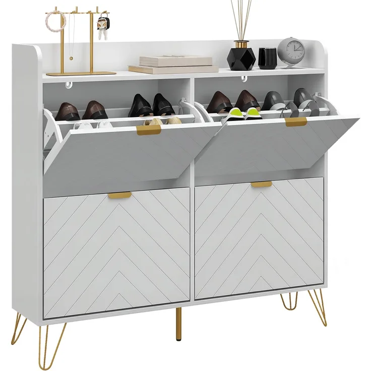 Schuhschrank mit 4 Klappen, mit verstellbarem Einlegeboden, Schuhaufbewahrung 106 x 24 x 102 cm, weiß