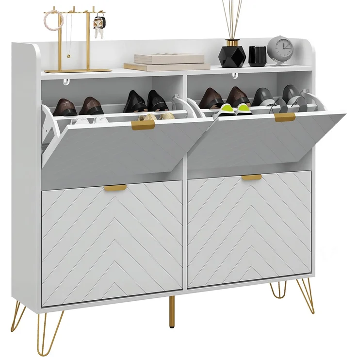 Schuhschrank mit 4 Klappen, mit verstellbarem Einlegeboden, Schuhaufbewahrung 106 x 24 x 102 cm, weiß – Bild 1
