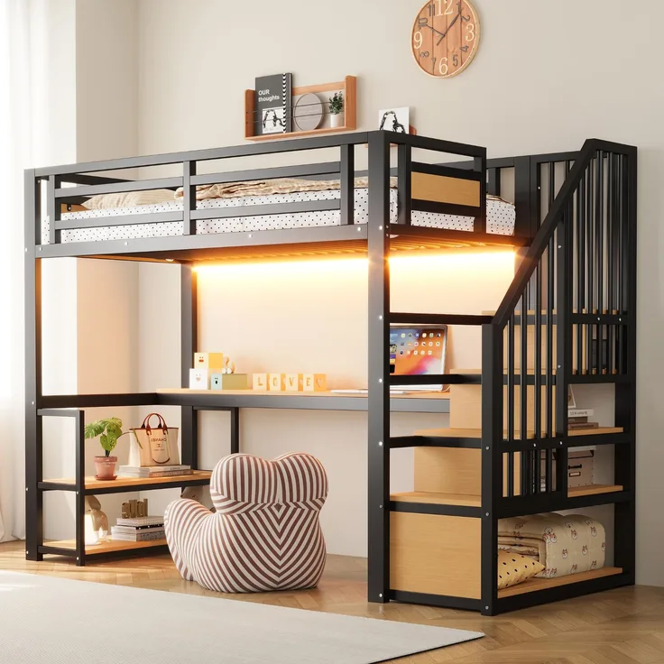 EINHOM 90 x 200 Cmmetall-Hochbett, mit LED-Lichtleiste und Ladeanschluss, mit Aufbewahrungsleiter, Regalen und Tisch, Sicherheitszaun-Design, Hohes Eisenrahmenbett mit Metallrahmen für Stabile Unterstützung, Schwarz (Ohne Matratze)