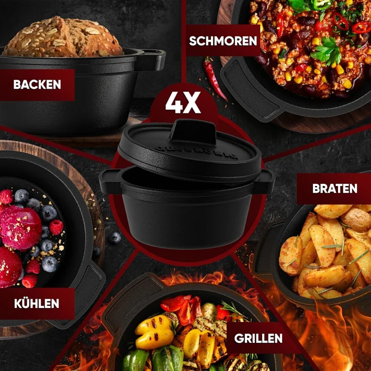 4er Mini Dutch Oven Set aus Gusseisen – mit Holzuntersetzern & Rezeptbuch, 300 ml Portionsgröße, für Grill, Backofen & Herd – Bild 4