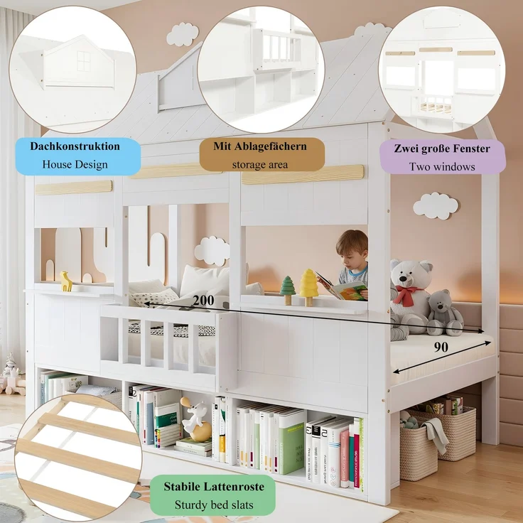 Merax Hochbett, 90x200cm Kinderbett, Feines hausförmiges Design, ZMit einer Reihe Bücherregal, Stabiler Lattenrost, Weiß – Bild 6