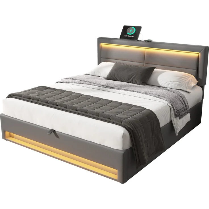 Merax Polsterbett, Doppelbett, 140x190 cm, mit USB-Anschluss (unterstützt kabelloses und kabelgebundenes Laden), LED-Beleuchtung und Stauraum, PU, grau – Bild 10
