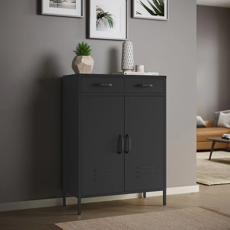 skølm 'Atria' Metallkommode, schwarz, 110x38x80 cm, mit 2 Schubladen und 2 Fächern