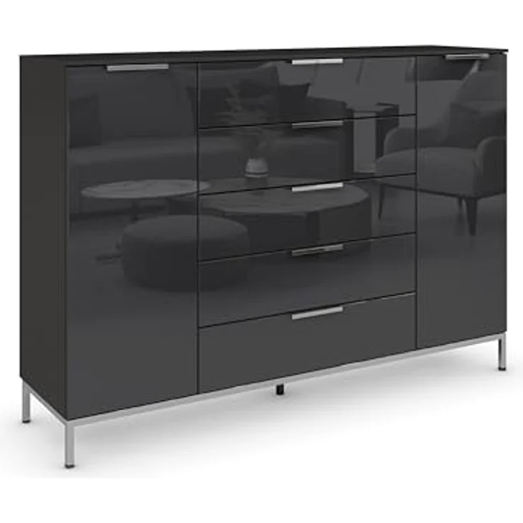 Rauch Möbel Flipp, Nachttisch für Schlafzimmer, Flur, Garderobe, 2-türig, 5 Schubladen, mit Softclose-Funktion, Farbe Front Glas Schwarz, Breite 160 cm – Bild 1