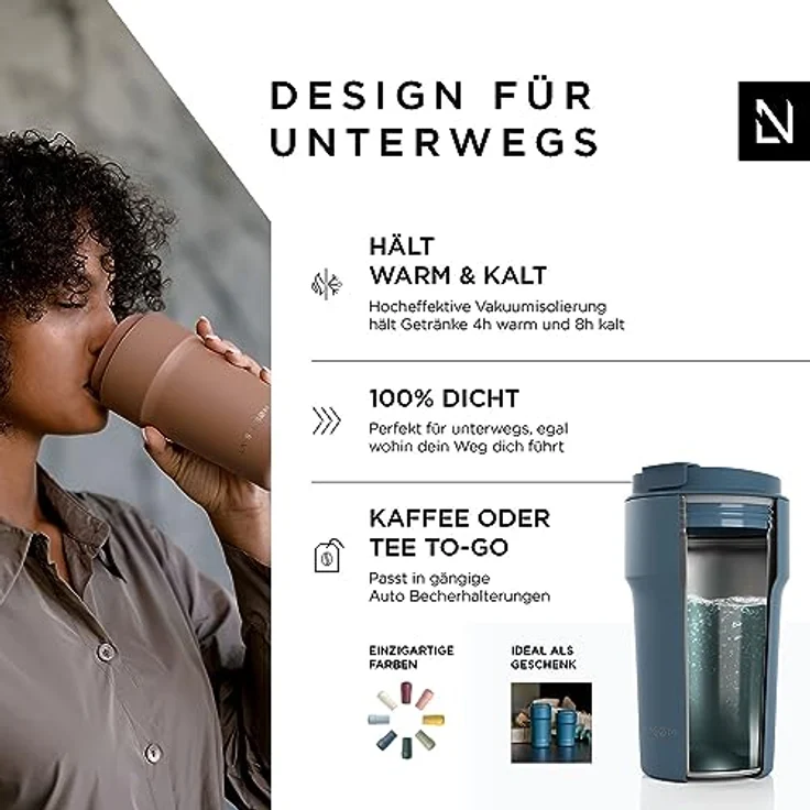 LARS NYSØM Thermo Kaffeebecher to go 500ml | Travel Mug 0,5 Liter mit Vakuumisolierung | Auslaufsicherer Edelstahl Thermobecher für Kaffee und Tee unterwegs (Stone Blue) – Bild 2