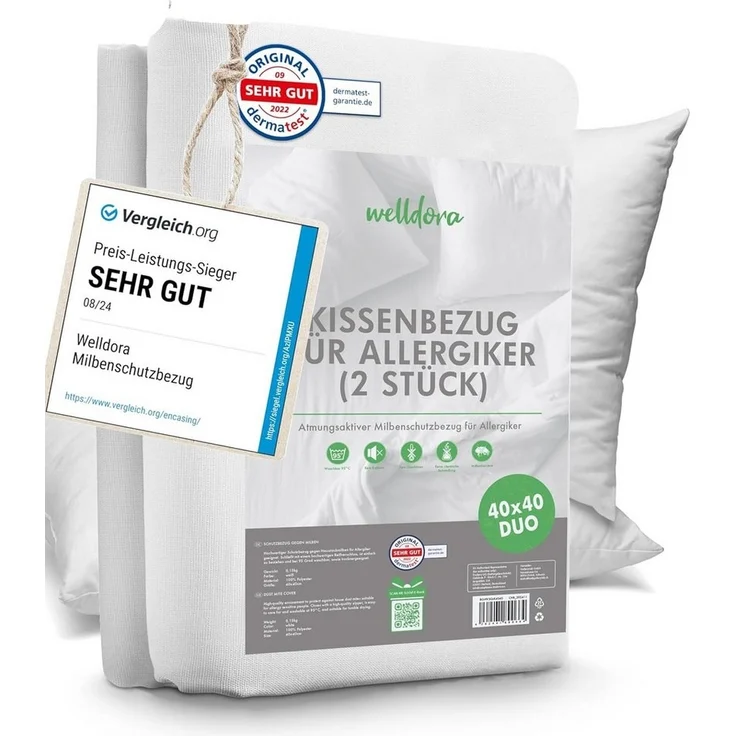 Welldora Kissenbezug für Allergiker, Milbenbezug Kissen, fachärztlich getestet, (2 Stück), Encasing gegen Milben & Bettwanzen ǀ Allergiker Bettwäsche – Bild 1