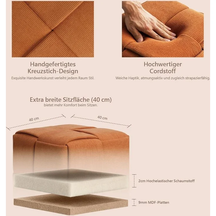 Zedelmaier Sitzhocker Würfel Cord, Sitzcube Ottoman, Fußhocker aus Cordstoff – Bild 1