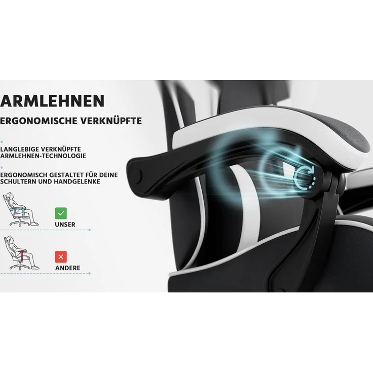 Gamingstuhl aus PVC mit verstellbarer Rückenlehne, Fußstützen und Rollen, 58,5x63x120,5 cm, Schwarz/Weiß – Bild 10