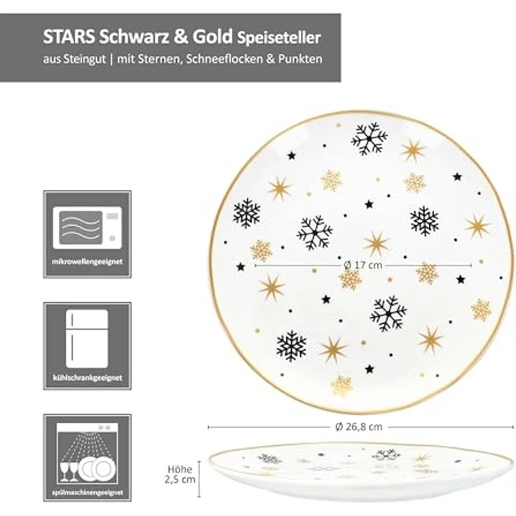 MamboCat Speiseteller 6x Stars schwarz & gold Speiseteller Steingut 6 Personen Essteller, Weihnachtsgeschirr, Weihnachten, Weihnachtsset, Geschirr – Bild 6