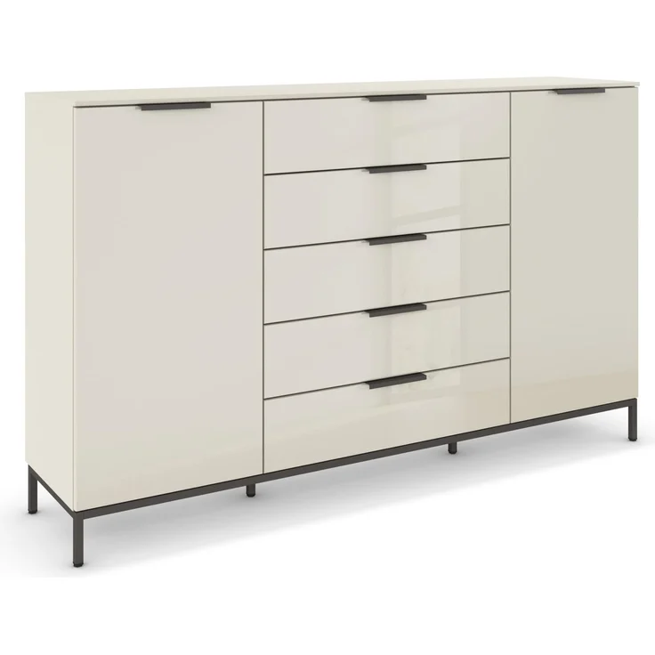 Rauch Möbel Flipp, Nachttisch für Schlafzimmer, Kinderzimmer, Wohnzimmer, Flur, Garderobe, 2-türig, 5 Schubladen, mit Softclose-Funktion, Griffe und Metallkufe Graphit, Farbe Glas Beige, Breite 180 cm – Bild 1