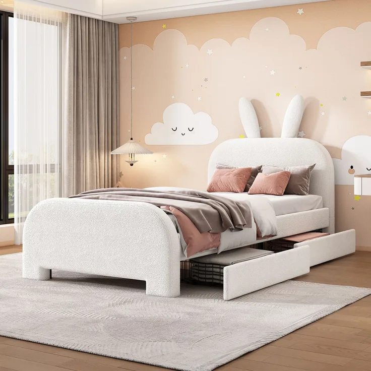 Kinderbett 90x200 Weiß mit Kaninchen-Kopfteil und 2 Schubladen,Gepolstertes Bett aus Lammwolle und MDF, Cartoon Bunny Design