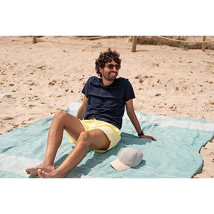 MOMOMUS Fouta XXL, Sandfrei, handgewebt aus 100% Baumwolle, Strandtuch mit Fransen, Meergrün, 210x240 cm – Bild 5