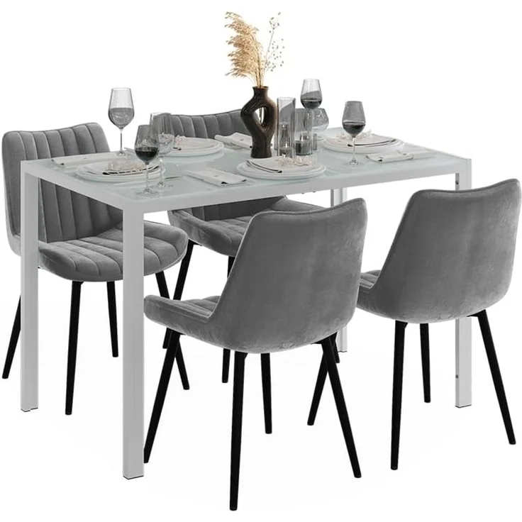 Esstisch Set Grand Weiß 120x70 cm mit 4 Stühlen (Grau) Vicco – Bild 5