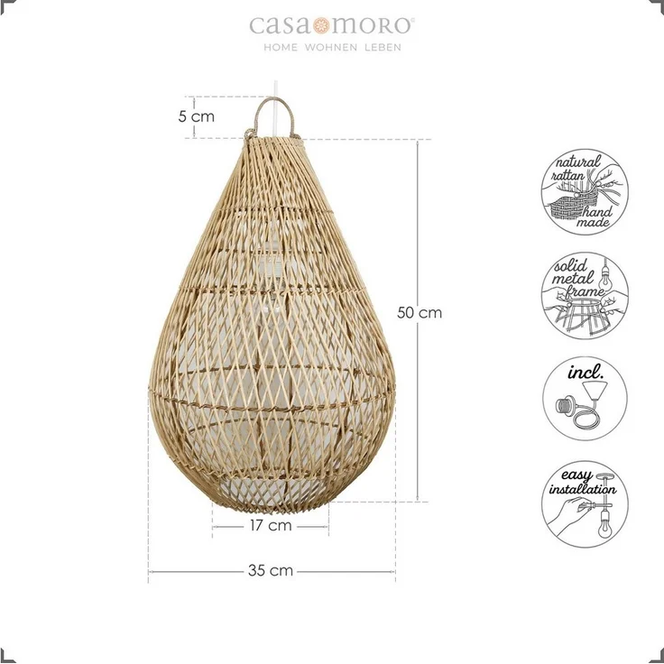 Casa Moro Deckenleuchten Hängelampe Rattan Natur – Deckenlampe Ø 35 x H 55 cm – Boho Style, ohne Leuchtmittel, E27, Pendelleuchte, Esszimmer, Wohnzimmer, Schlafzimmer, Kinderzimmer – Bild 1