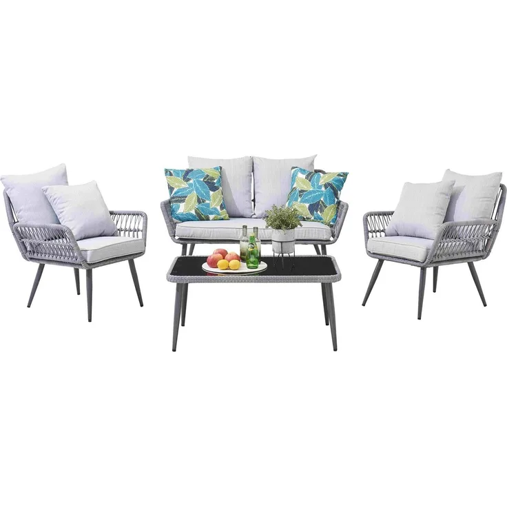 Garten Sitzgruppe 4-teilig Polyrattan grau mit Tisch und Kissen