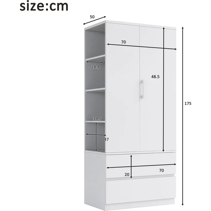 Kleiderschrank 70 x 50 x 175 cm in Weiß mit Kleiderstange, offenen Fächern und 2 Schubladen – Bild 5