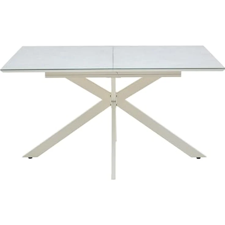 Hela Tische, Auszugstisch Esstisch Fenja, Glasauflage Keramikoptik beige, Schweizer Kante,Stern-Metall-Gestell Cremé mit Arretierung, Maß 140-180x90cm – Bild 4
