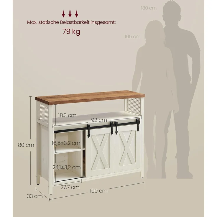 VASAGLE Küchenschrank, mit 2 Schiebetüren und verstellbare Ablagen, wolkenweiß-honigbraun, 33 x 100 x 80 cm – Bild 4
