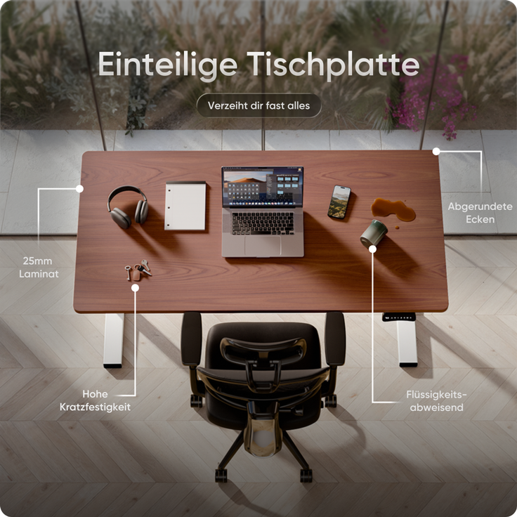 DESKSPACE PRO Plus Elektrisch höhenverstellbarer Schreibtisch, 120x60 cm Stehpult mit Memory-Funktion, Mahagoni Tischplatte, Weißes Gestell – Bild 8