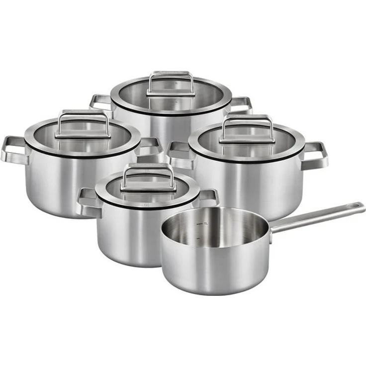 Hanseatic Topf-Set PREMIUM, Edelstahl (Set, 9-tlg, Kochtopf 1x 16 cm / 2x 20 cm / 1x 24 cm, Stielkasserolle 16 cm), handfreundliche Griffe, Literskala, Glasdeckel, Induktion – Bild 4
