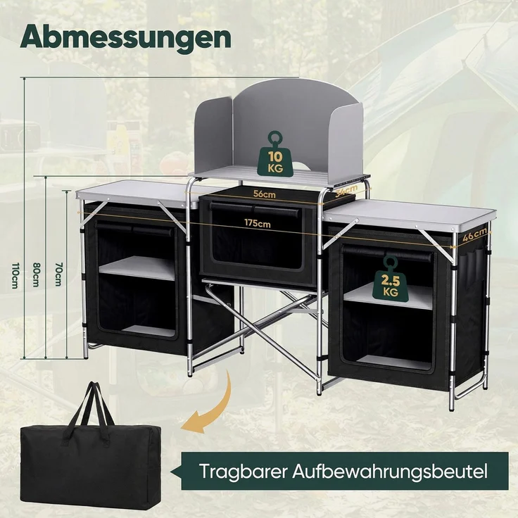 Sekey Campingschrank XXL Faltbar Campingküche mit Aluminiumgestell inkl. Windschutz und Tragetasche, Schwarz – Bild 10