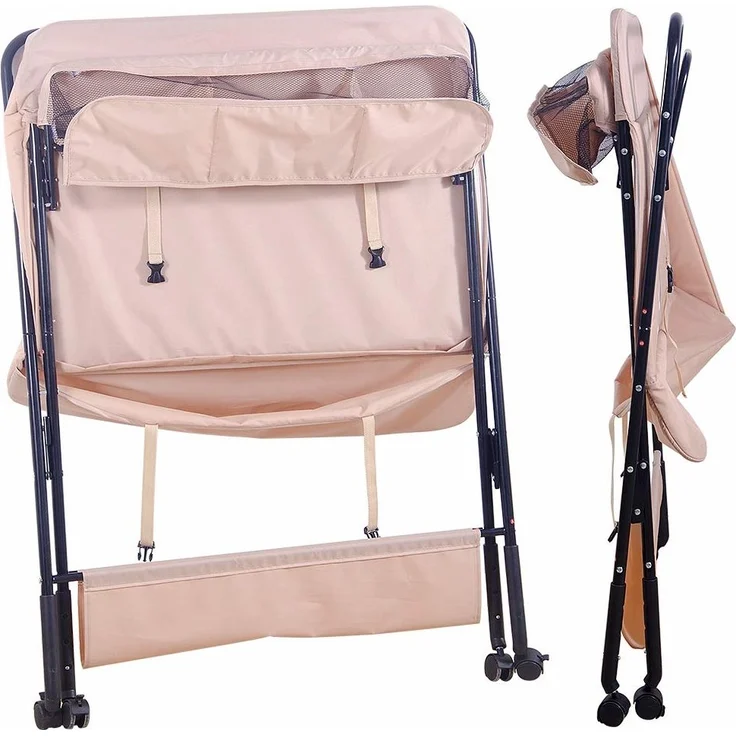 Klappbare Baby Wickelkommode, Wickeltisch mit Ablageflächern, Rollen, Kissen mit Höhenskala, 80 × 66 × (92-95-98) cm, Beige – Bild 4