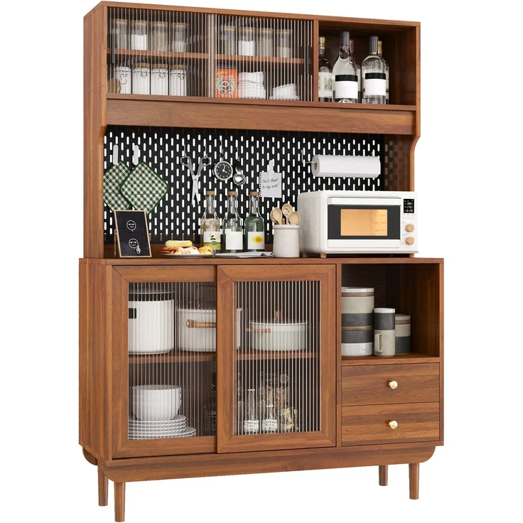 Küchenbuffet aus MDF mit Riffelglas-Schiebetüren, 117x30x170 cm, Nussbaum – Bild 8