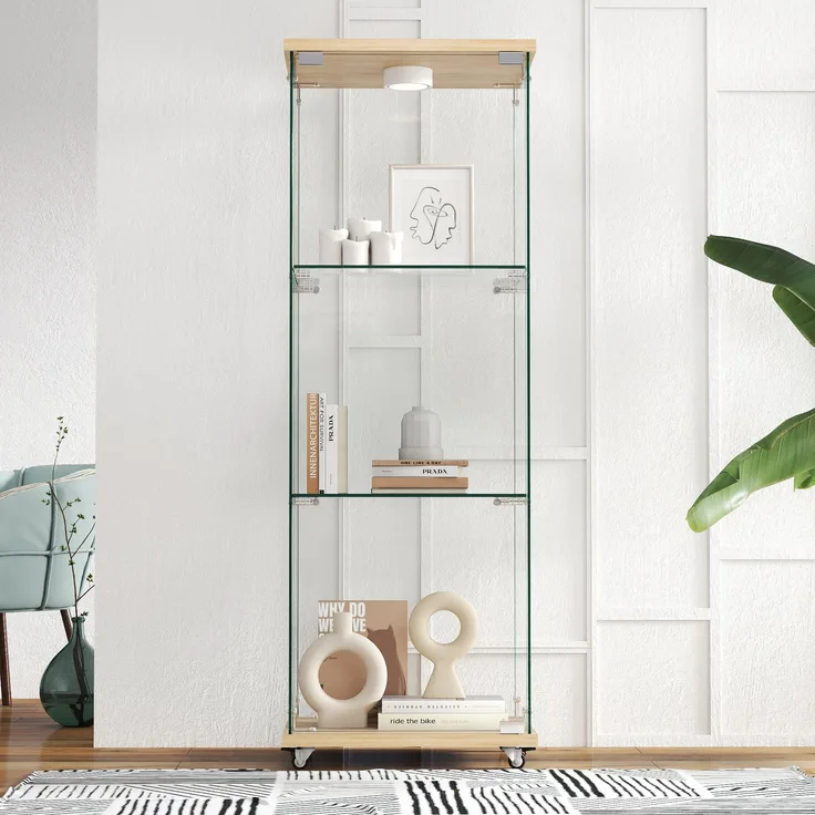 Moderne Glasvitrine mit LED-Beleuchtung,Vitrine,Bücherregal aus gehärtetem Glas,Geeignet für Wohn- und Schlafzimmer, eintüriges dreistufiges Design, Naturholzoptik-H120/B42.5/T36.5 cm--Natürlich--42.5x36.5x120cm--YOUDENOVA