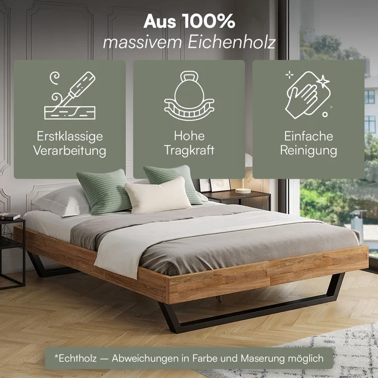 skølm 'Alver' Bett 160x200 cm, Bettgestell, natur geölt, Massivholzbett aus Eiche mit Metallkufen, Doppelbett ohne Bettkopf – Bild 3