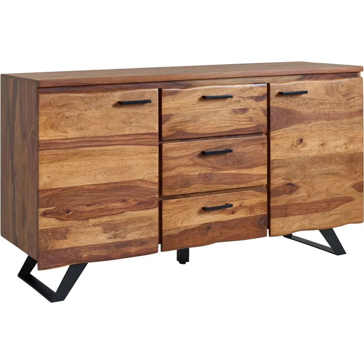Sideboard 145x82x45 cm Sheesham Massivholz / Metall mit Baumkante, Kommode mi...