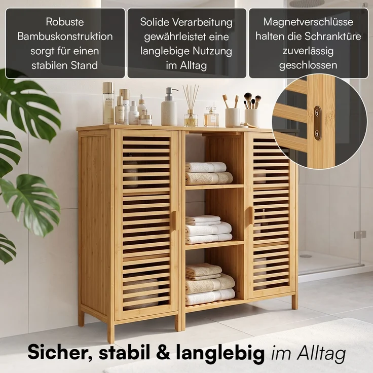 Bellamio 'Newa' Badezimmer Schrank, Bambus, natur, 87x33x100 cm, Badschrank mit 9 Ablagefächern – Bild 5