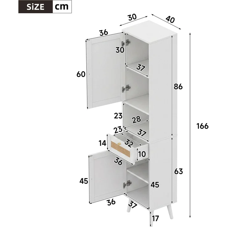 Flieks Badezimmer-Hochschrank 40x30x166 cm, Badschrank aus weißem MDF mit Rattan-Türen, Schublade, Soft-Close & wendbarer Montage – Bild 5