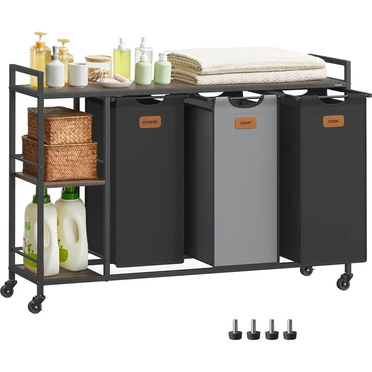 VASAGLE Wäschekorb 3 Fächer, Wäschesammler 150 L, Wäschesortierer, Rollen, Wäschewagen mit Ablagen, Wäschesack, mit abnehmbaren Taschen, 6 Etiketten, kastanienbraun-tintenschwarz-taubengrau – Bild 1