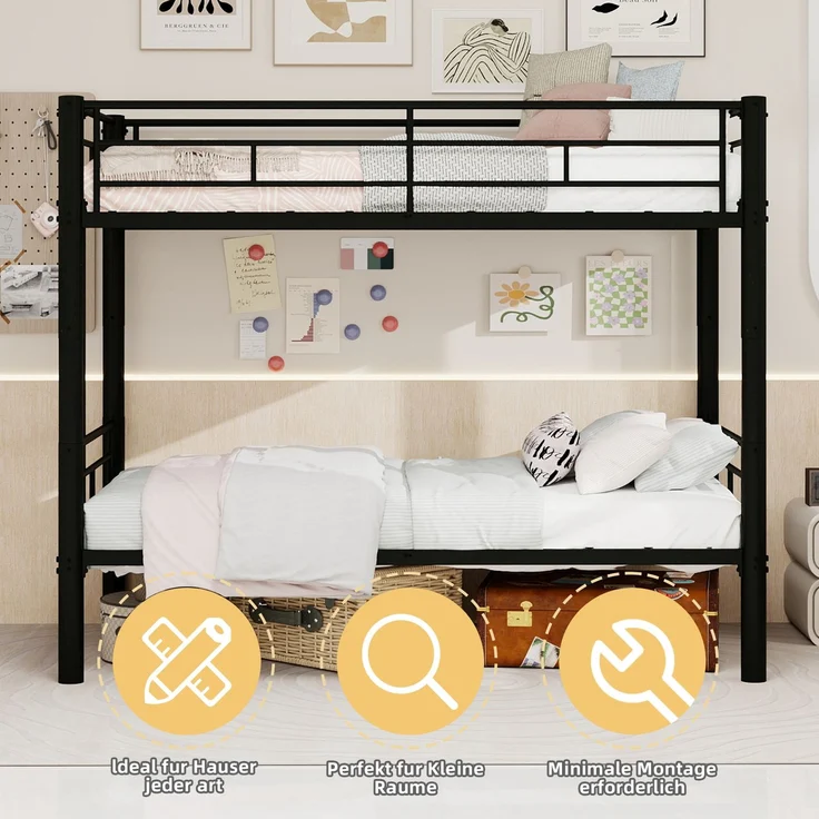 Etagenbett, untere Liegefläche 90×190 cm, mit Rausfallschutz, teilbar, Schwarz, ohne Matratze – Bild 7