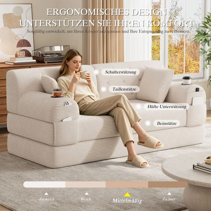 TavilaEcon 2-Sitzer Schlafsofa, komprimiertes Cord Sofa mit hoher Rückenlehne beige 81 × 80 × 168 cm (H × T × B) – Bild 6