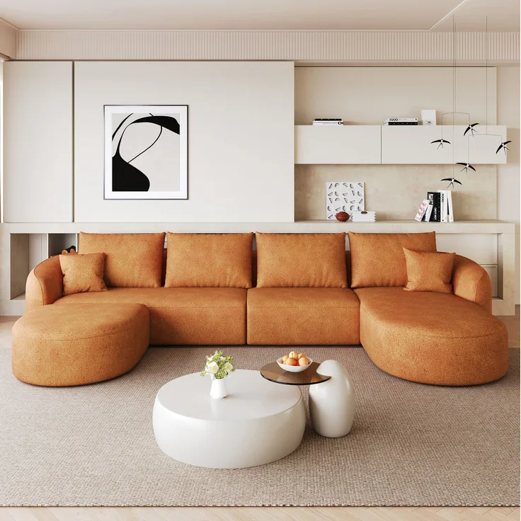 U-förmiges Ecksofa 336×168×85 cm in Orange aus Chenille-Stoff, modular und montagefrei