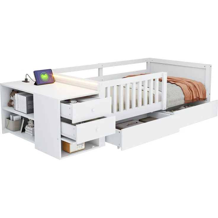 EINHOM Kinderbett 90 x 200 cm mit Separatem Stauraum, Schreibtischfunktion, Steckdose, LED-Beleuchtung, Doppelschubladen, Regalen und Halboffenem Sicherheitsgitter, Weiß (Ohne Matratze) – Bild 7
