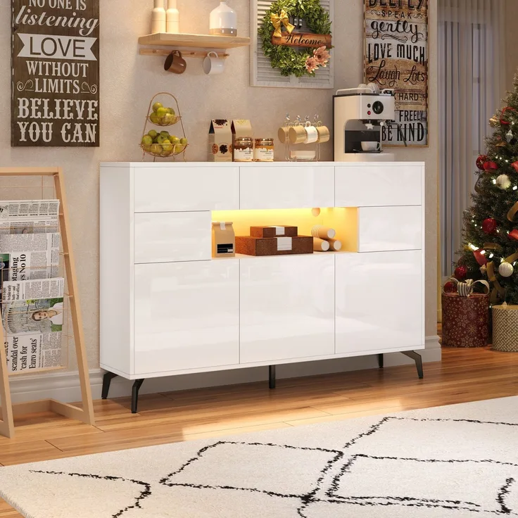 Abrihome Sideboard mit Stauraum und LED, Weiß, 94x30x140 cm