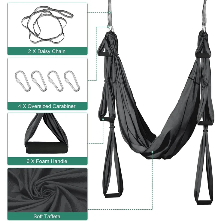 Leogreen Yoga-Hängematten-Set, Yoga-Schaukel, Umkehr-Hängematte, Nylon, Taffetas, Kapazität 300 kg (Dunkelgrau) – Bild 4