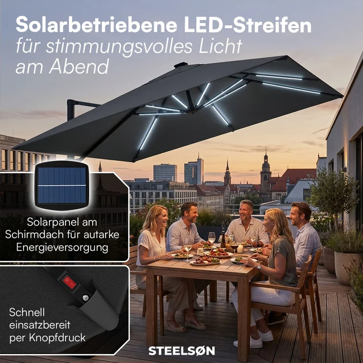 STEELSØN 'Elaris' Premium Sonnenschirm 300x300 cm quadratisch mit LED, neigbar und 360-Grad drehbar, anthrazit, Ampelschirm inkl. Hülle, extrem robuste Metall-Stange, 220 g/m² Polyester, UV50+ – Bild 2