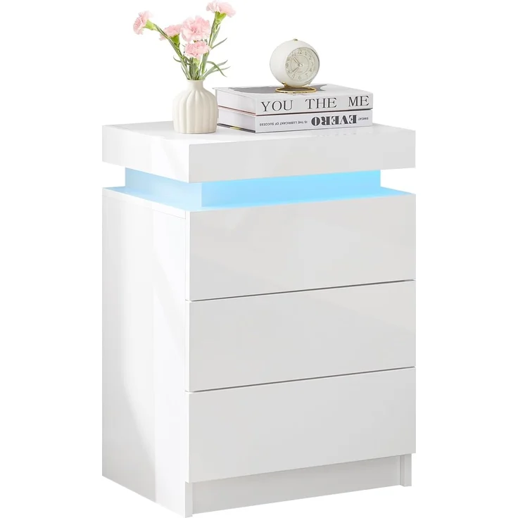 TUKAILAI Nachttisch mit LED Beleuchtung, 3 Schubladen und oberer Aufbewahrung, Hochglanz, Weißer Nachtschrank Modern, 45 x 35 x 67.5 cm für Schlafzimmer, Wohnzimmer – Bild 1