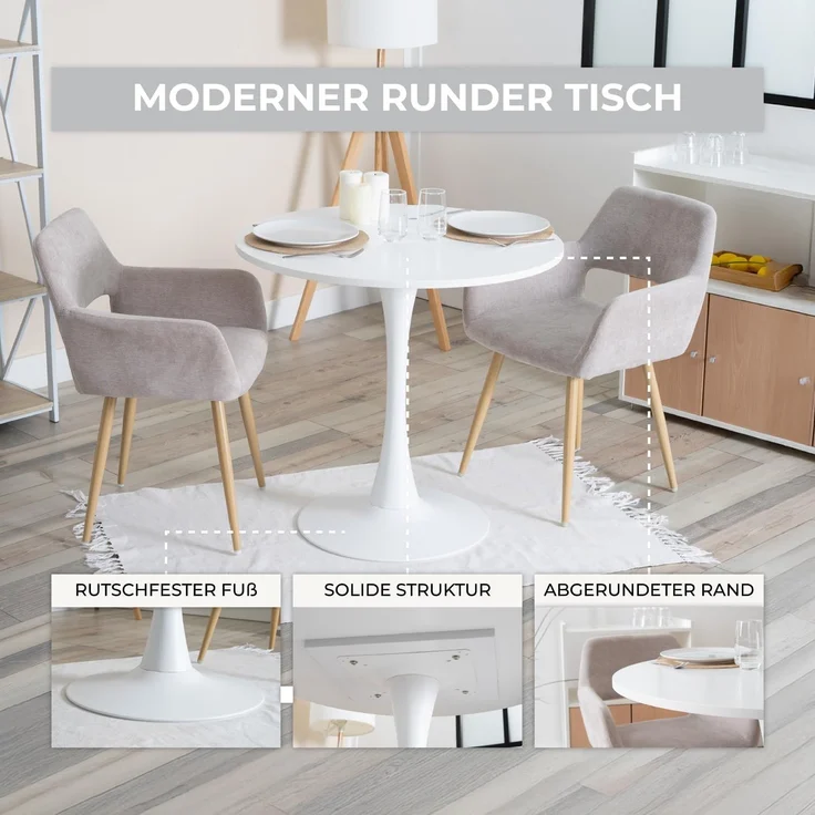 MEUBLE COSY Runder Esstisch Klein Tisch Küchentisch Esszimmertisch 2-4 Personen für Küche, Wohnzimmer, Büro, 80 x 80 x 73 cm, Weiß – Bild 5