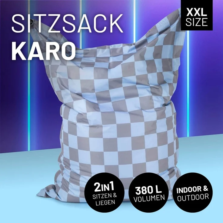 Lumaland 'Karo' Sitzsack XXL für Outdoor & Indoor, Polyester, Blau/Grau, 380 l – Bild 3