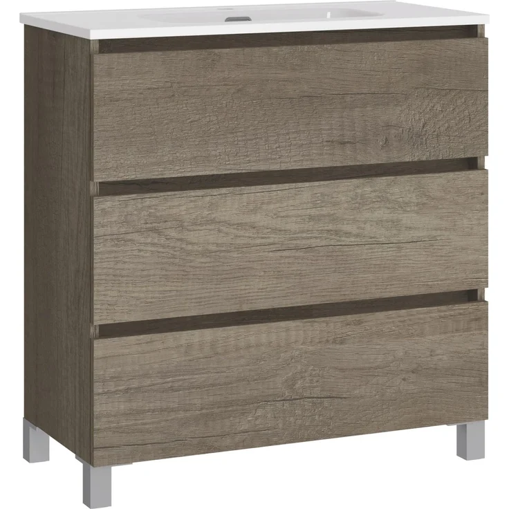 Baikal, Natura Badezimmerschrank mit reduziertem Boden, mit Keramikwaschbecken, DREI Schubladen, montierter Schrank, DREI Schubladen ohne Spiegel, Boden 39 cm, 80 cm, Nebraska