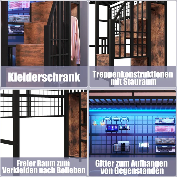 EINHOM Hochbett, 90 x 200 cm, Eisenrahmen, Kleiderschrank, Stauraumleiter, Gitter zum Aufhängen von Gegenständen, Freifläche unter dem Bett, 7-farbige LED-Leuchten, Schwarz (Ohne Matratze) – Bild 4