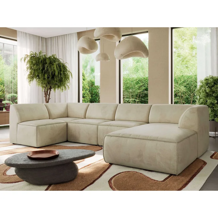 Modulares XXL-Ecksofa MODARO 5M, U-Form, Wohnlandschaft, 5-teilig, freistehend, Wohnzimmer Couch, HR-Schaumstoff - Beige Velvet - Rechts
