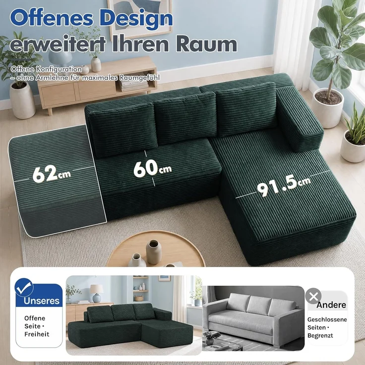 COMHOMA Ecksofa mit Schlaffunktion, 255cm Corduroy Modulares Boneless Couch mit Chaiselongue & Rücken-Metallgestell, L-Form Schlafsofa mit offenem Design, Kissen & Seitentaschen,für Wohnzimmer, Grün-L – Bild 4