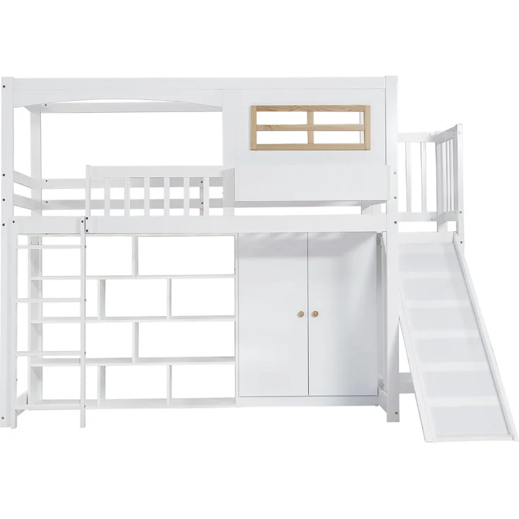 Merax Etagenbett, Kinderbett, mit Fallschutzgitter, mit Kinderrutsche und Kleiderschrank, Reichlich Stauraum, Mit vierstufiger Leiter, Kiefer+MDF+Sperrholz, Weiß, 90x200cm – Bild 9