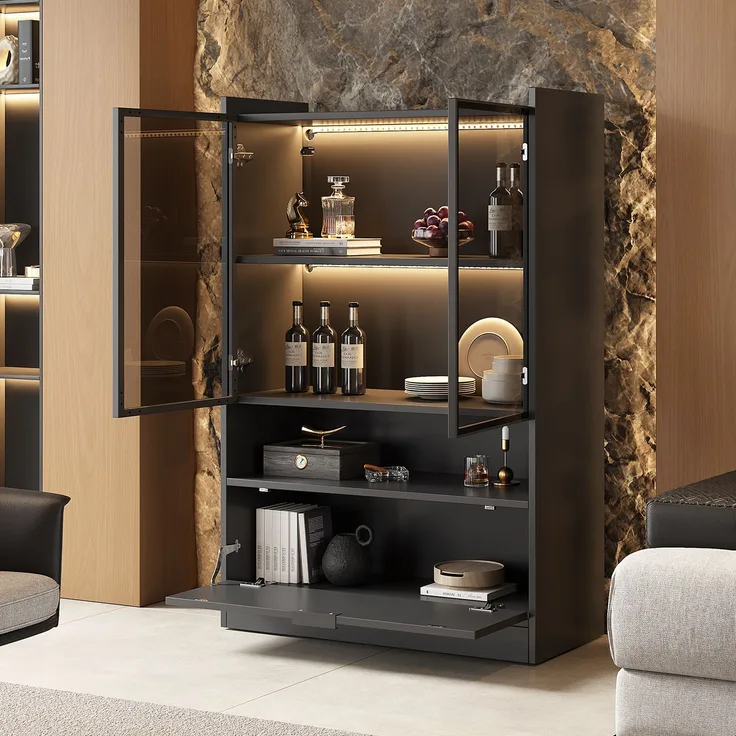 N625P250568569S) Moderne LED Vitrine Schwarz Matt Höhe 120cm mit app LED-Beleuchtung, Glasvitrine Standvitrine mit Beleuchtung, Wohnzimmerschrank mit Glastüren und Klapptür, Spanplatte Display Schrank--Schwarz--80x35x120cm--YOUDENOVA